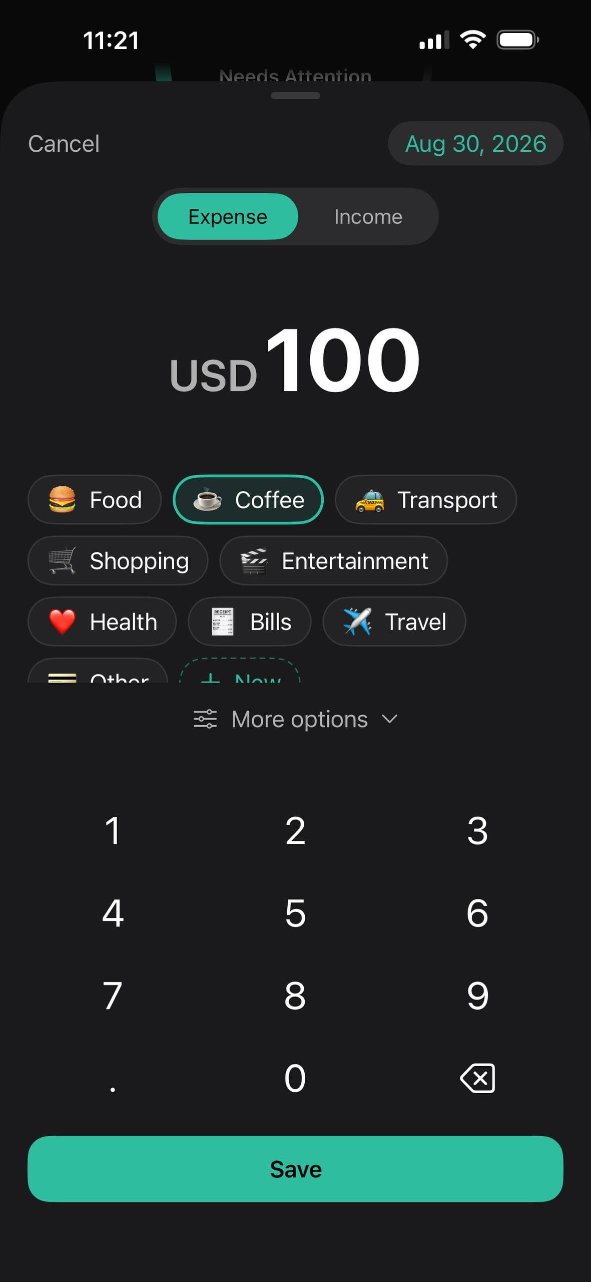 Adding a 100 USD coffee expense on the Mirror keypad
