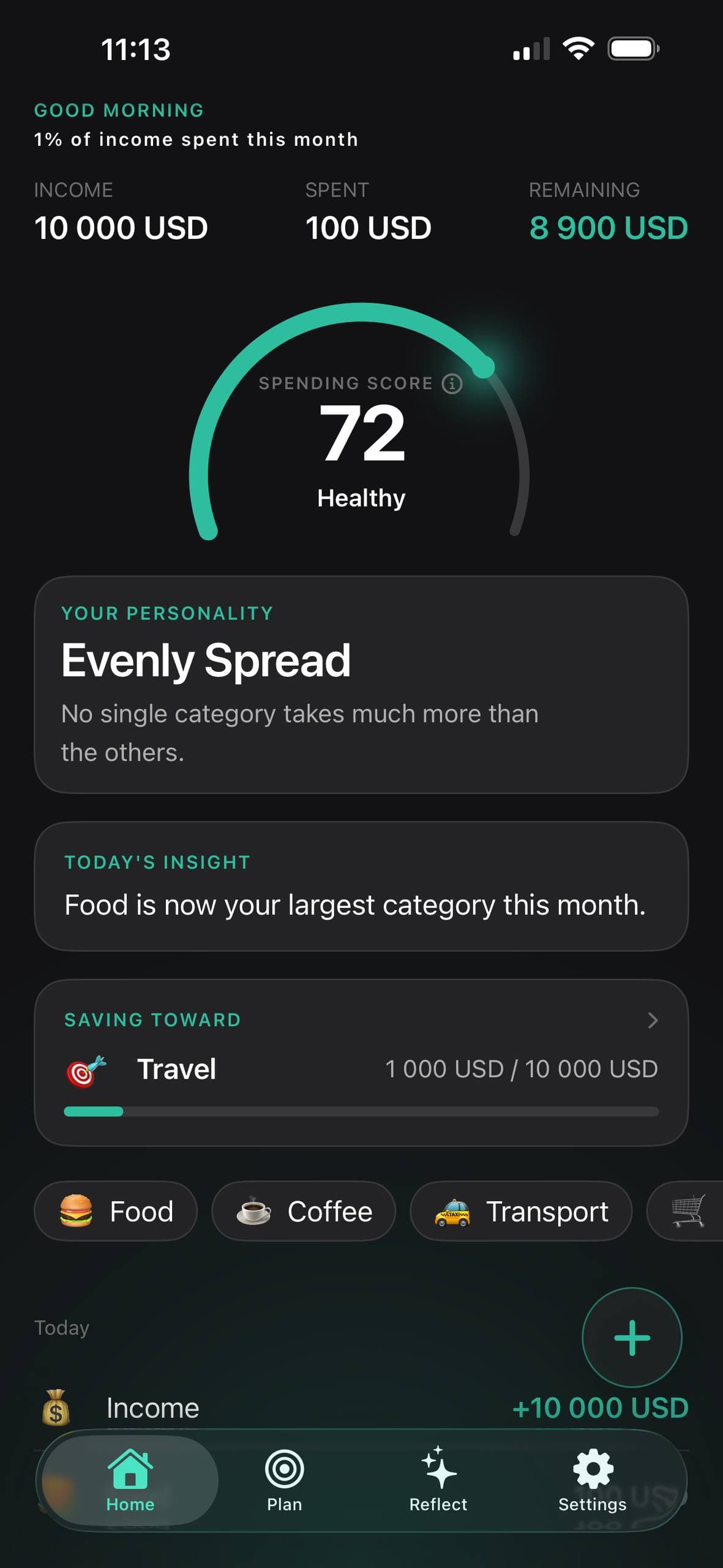 Mirror's home screen: a Spending Score of 72 rated Healthy, a spending personality, today's insight, and a savings goal
